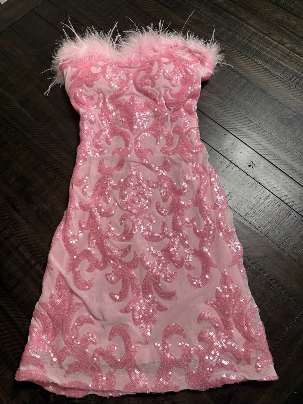 Windsor Pink Sequin Strapless Mini Dress with Feather Trim size XS